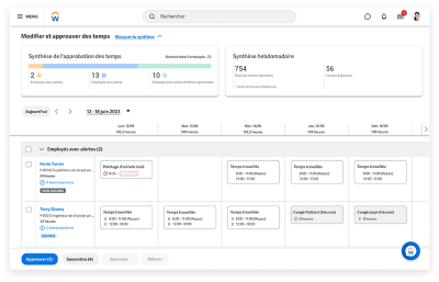 L'onglet modifier et approuver le temps dans le hub permet d'optimiser l'expérience du manager en affichant automatiquement des avertissements et des alertes.