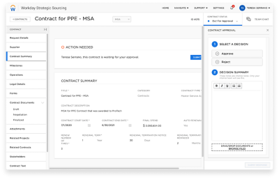 Workday Strategic Sourcing contract summary report for transportation industry. 