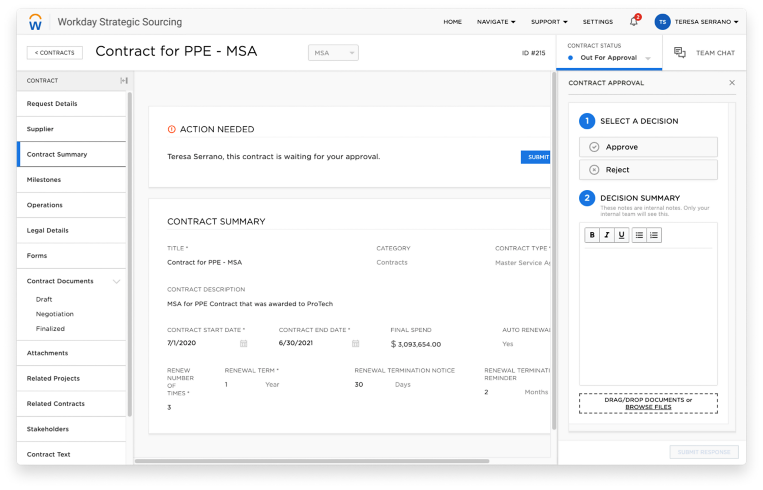 Bericht mit Vertragszusammenfassung für das Transportwesen in Workday Strategic Sourcing 