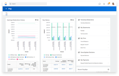 英国工资单员工仪表板，显示收入和扣除，工资历史和时间余额。