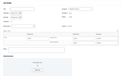 Screenshot of the Ad Order feature with fields for entering order details, cost splits, notes, and file attachments.
