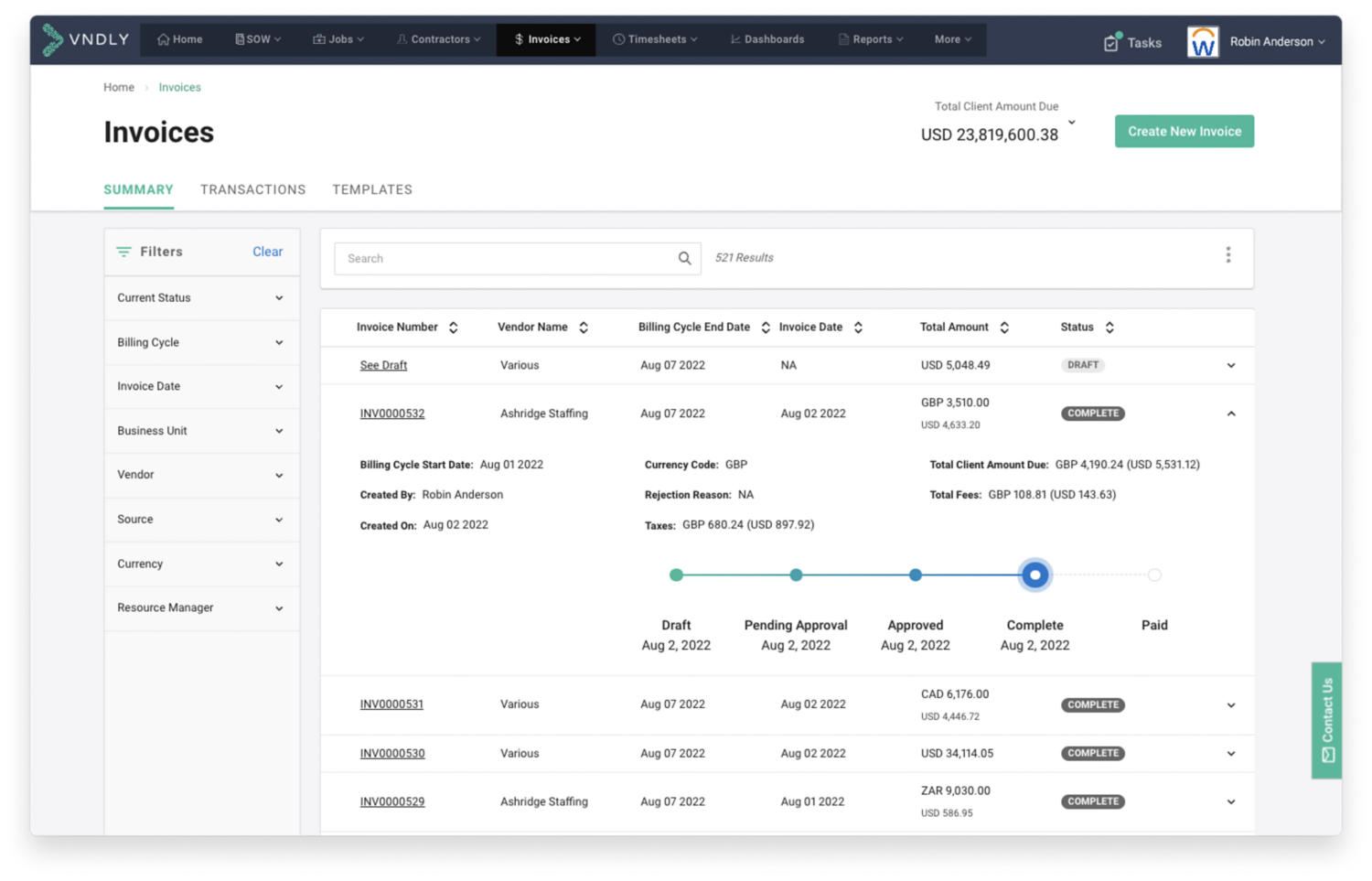 A VNDLY dashboard showing the invoicing panel.