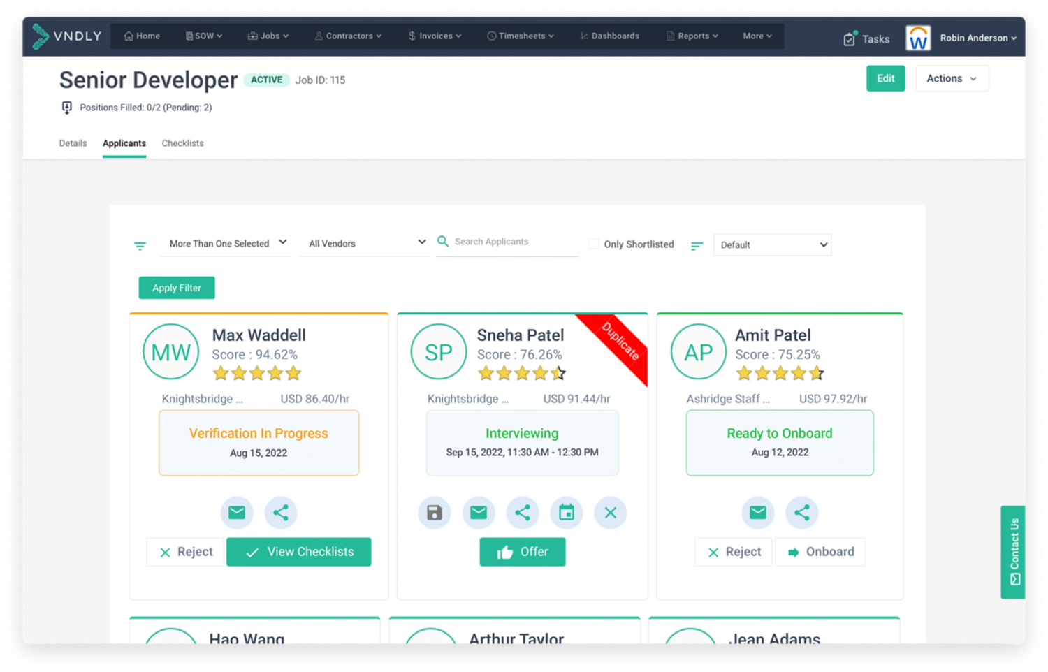 A VNDLY dashboard showing the candidate review panel.