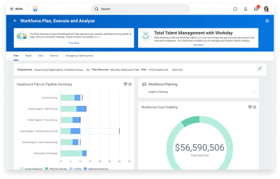 Desktop view of the Plan, Execute, and Analyse Dashboard showing various graphs such as headcount plan to pipeline summary, onboarding status, and workforce cost visibility.