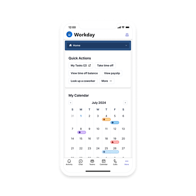Workday Everywhere dashboard in mobile view
