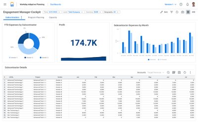 Project planning dashboard in Workday Adaptive Planning, showing numerical values and charts for revenue, income growth, and gross margin.