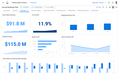 Sales territory dashboard in Workday Adaptive Planning showing numerical values and charts for territory segmentation.