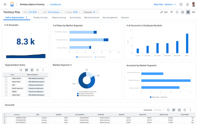 Workday Adaptive Planning Sales Planning dashboard showing Sales Territory Management segmentation. 