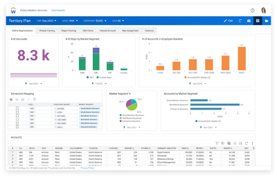 Dashboard für Absatzgebiete in Workday Adaptive Planning zur einfachen Account-Segmentierung und Erstellung ausgewogener und überschaubarer Absatzgebiete
