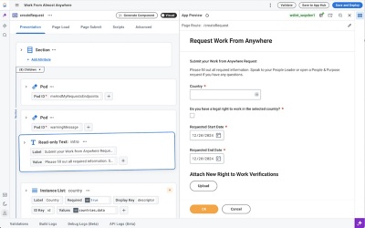 Screenshot of Workday Extend dashboard with a work from almost anywhere request window open.