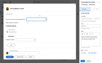 Screenshot showing Workday Guidance Quick Tip hover card during feedback task.