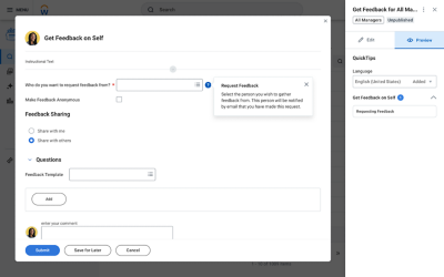 Screenshot showing Workday Guidance Quick Tip hover card during feedback task.