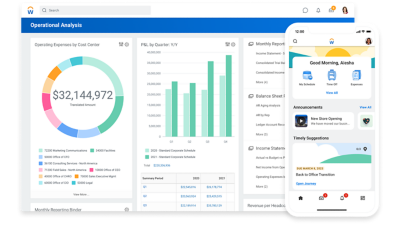 Desktop-Anzeige des Finanzmanagement-Dashboards für operative Analysen mit Aufschlüsselung der operativen Aufwendungen nach Kostenstelle und mobile Anzeige der Human Capital Management-Home-Seite mit vorgeschlagenen Aufgaben und Mitteilungen.