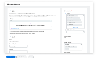 Workday messaging platform showing the send worker communications command screen with SMS and email message delivery channels.