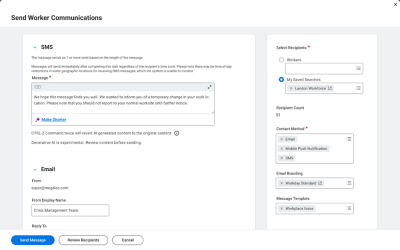 Workday messaging platform showing the send worker communications command screen with SMS and email message delivery channels.