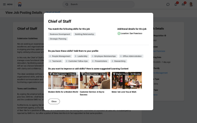 A job posting page with a pop-up showing matching skills, additional job details and suggested learning courses.