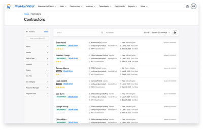 Dashboard displaying contractors and their baseline information such as candidate details, assignments, as well as start and end dates.