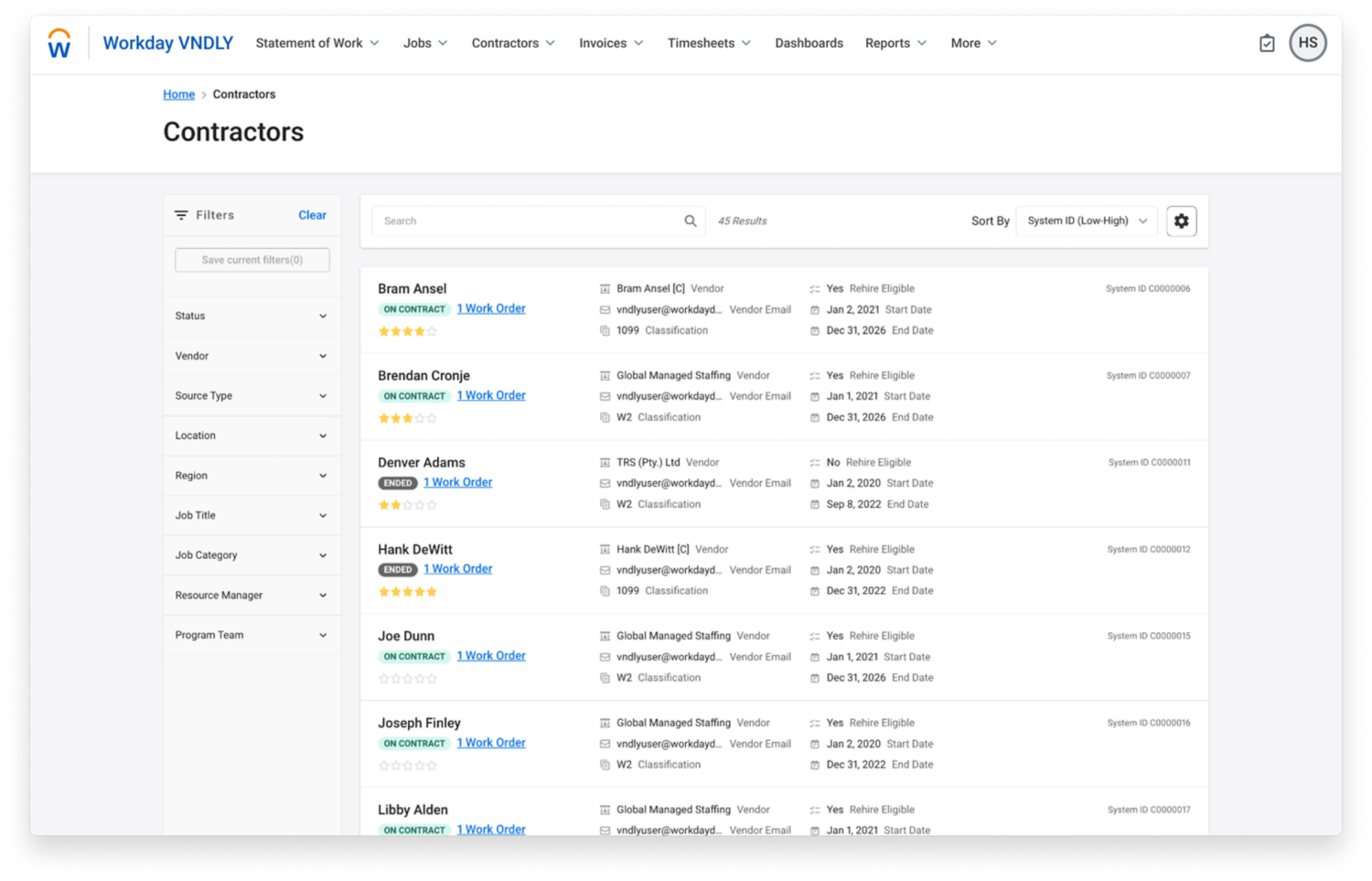 Dashboard displaying contractors and their baseline information such as candidate details, assignments, as well as start and end dates.