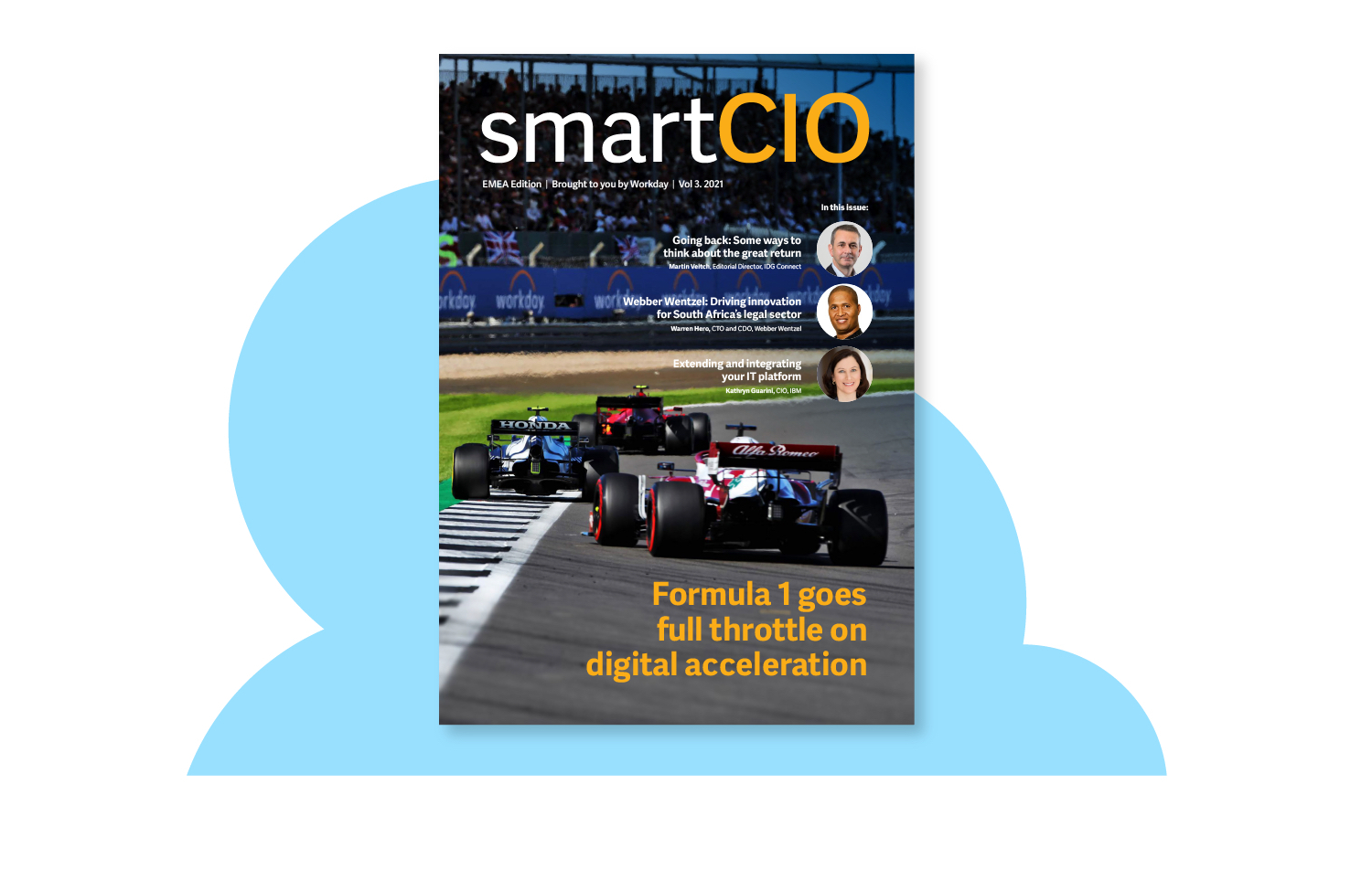 Illustration of three people looking at the latest edition of smartCIO magazine