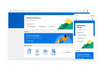 Sample Workday application home screen on desktop and mobile.