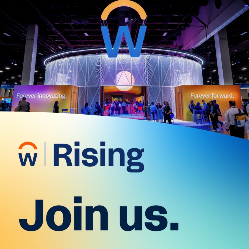 Workday logo and message to join us at Workday Rising