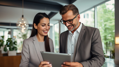 Man and woman looking at data on device