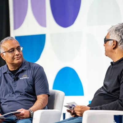 Workday Co-Founder, Co-CEO, and Chair Aneel Bhusri and Workday Co-President Sayan Chakraborty discuss the future of work onstage at DevCon. 